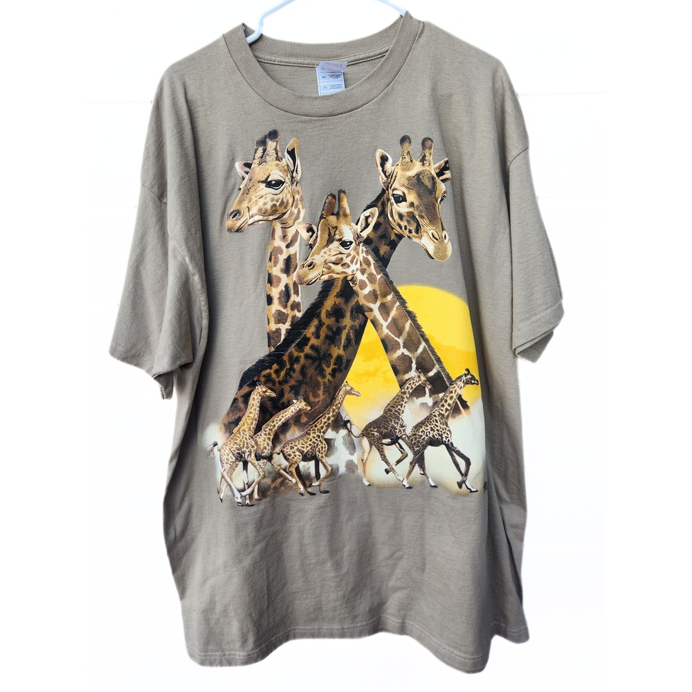 Vtg Look & Touch Beige Giraffes T-Shirt Size 2XL Tiger Bush Gardens Tampa Fl